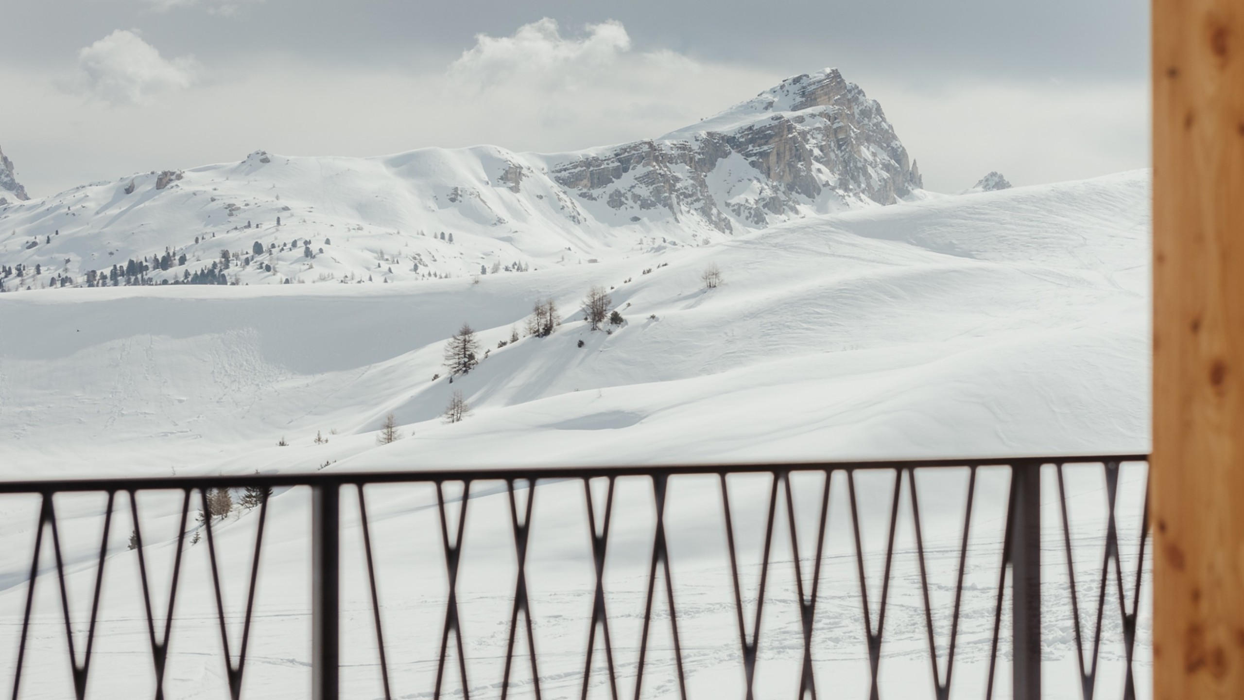Snow-covered mountain landscape with isolated trees, a Dolomite peak in the background, and a metal balcony railing in the foreground.