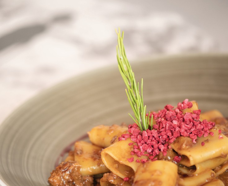 Piatto con pasta tipo Cannelloni e sugo alla bolognese marrone, decorato con un rametto di rosmarino e un topping rosa essiccato.