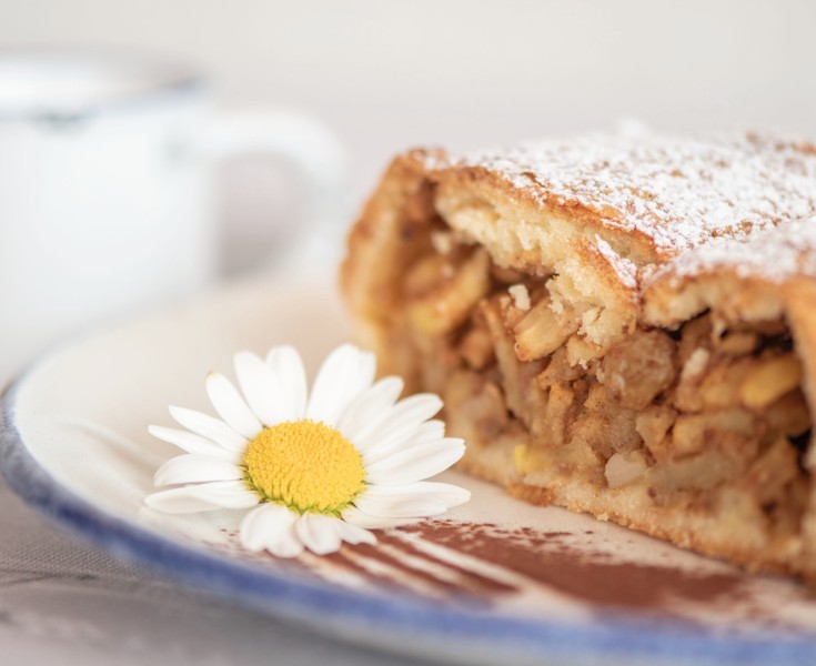 Strudel di mele ben presentato con zucchero a velo e una margherita.